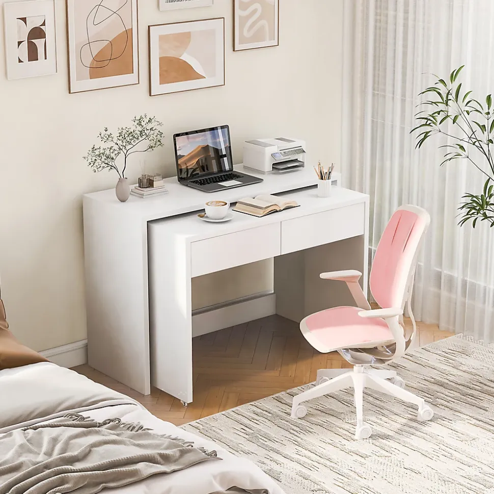 Bureau modulable avec table mobile et rangement, Panneaux de Particules, Roulettes, 110x40x78 cm, Blanc