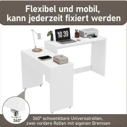 Bureau modulable avec table mobile et rangement, Panneaux de Particules, Roulettes, 110x40x78 cm, Blanc