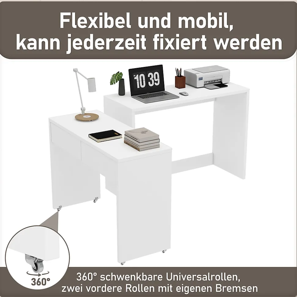 Bureau modulable avec table mobile et rangement, Panneaux de Particules, Roulettes, 110x40x78 cm, Blanc