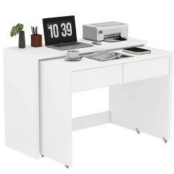 Bureau modulable avec table mobile et rangement, Panneaux de Particules, Roulettes, 110x40x78 cm, Blanc