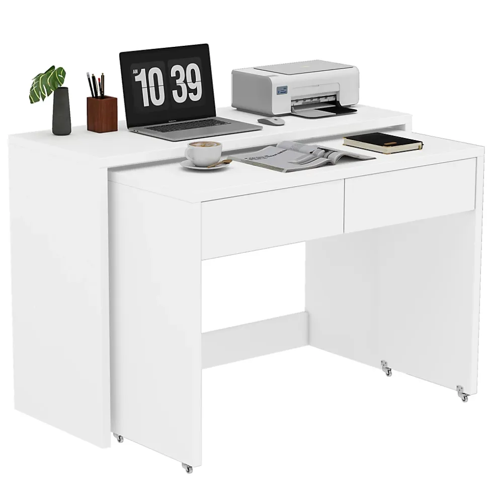 Bureau modulable avec table mobile et rangement, Panneaux de Particules, Roulettes, 110x40x78 cm, Blanc