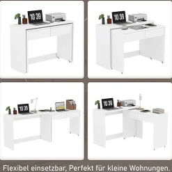 Bureau modulable avec table mobile et rangement, Panneaux de Particules, Roulettes, 110x40x78 cm, Blanc