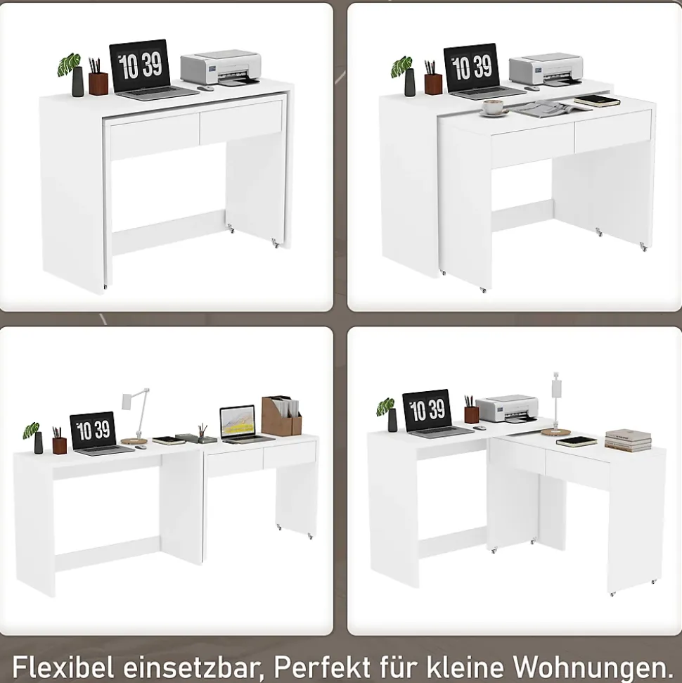 Bureau modulable avec table mobile et rangement, Panneaux de Particules, Roulettes, 110x40x78 cm, Blanc