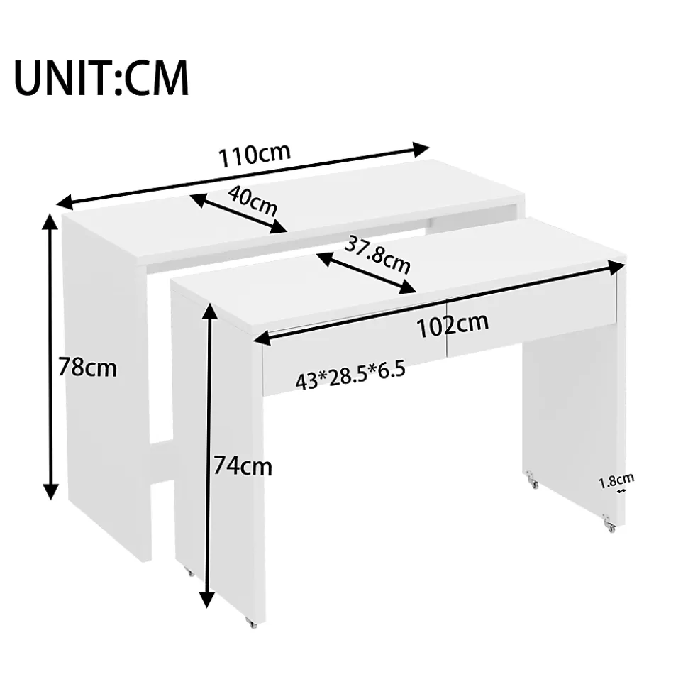Bureau modulable avec table mobile et rangement, Panneaux de Particules, Roulettes, 110x40x78 cm, Blanc