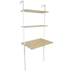 Bureau mural 2 étagères bois naturel et métal blanc 76 x 51 x 185 cm