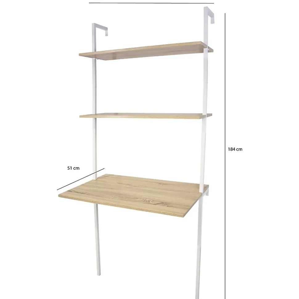 Bureau mural 2 étagères bois naturel et métal blanc 76 x 51 x 185 cm