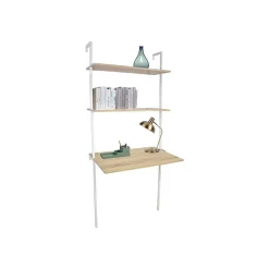 Bureau mural 2 étagères bois naturel et métal blanc 76 x 51 x 185 cm