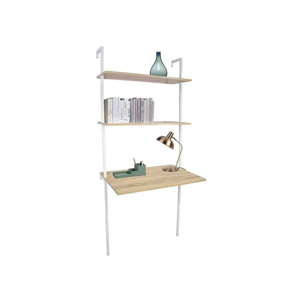 Bureau mural 2 étagères bois naturel et métal blanc 76 x 51 x 185 cm