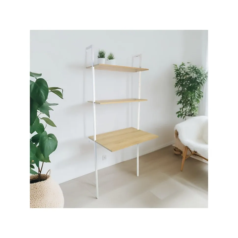 Bureau mural 2 étagères bois naturel et métal blanc 76 x 51 x 185 cm