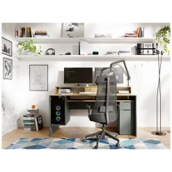 Bureau ordinateur 160cm collection ROXI coloris chene et gris avec rangements