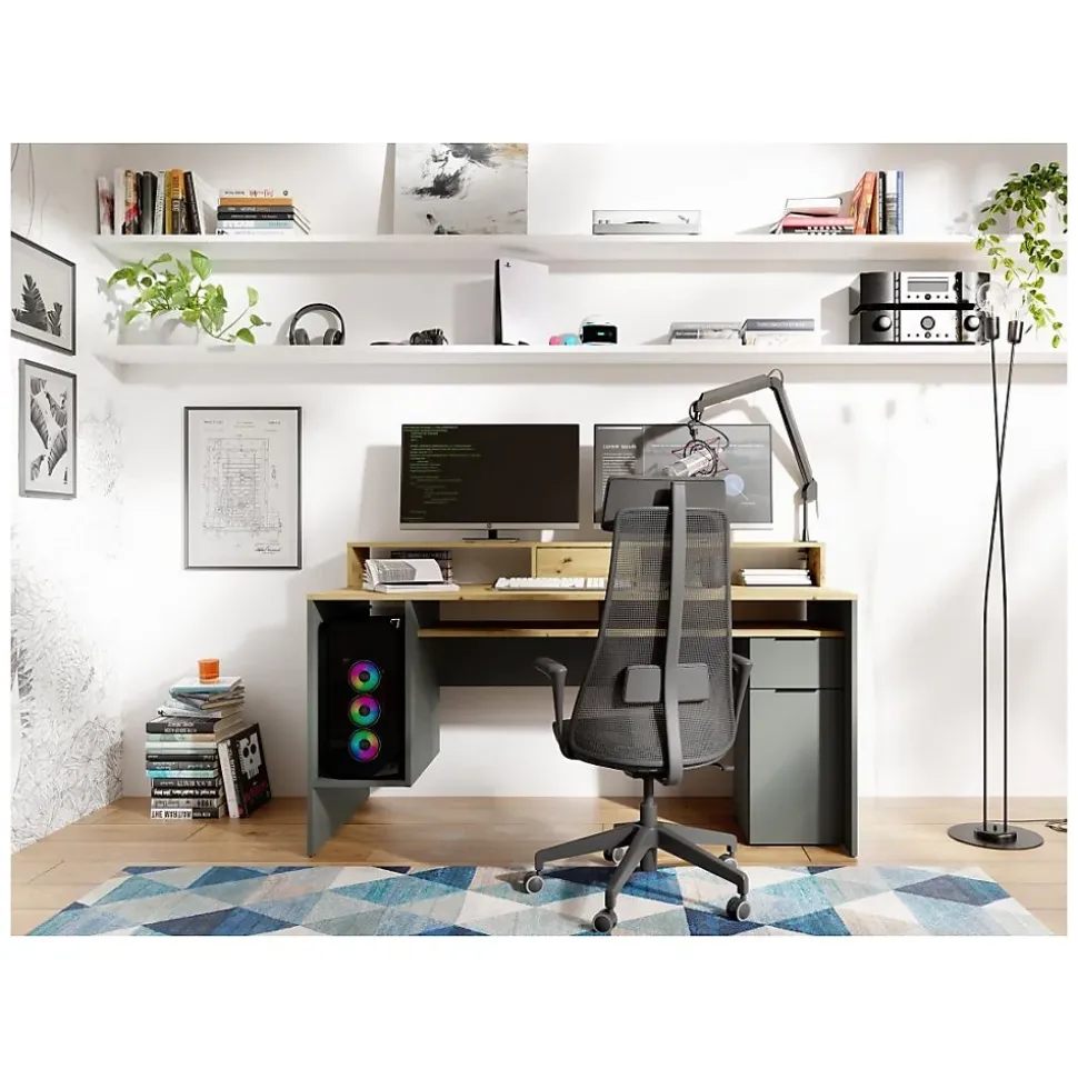 Bureau ordinateur 160cm collection ROXI coloris chene et gris avec rangements