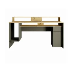 Bureau ordinateur 160cm collection ROXI coloris chene et gris avec rangements