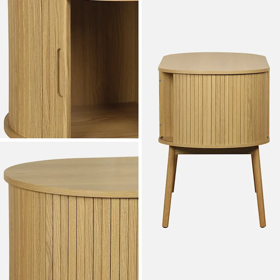 Bureau ovale décor bois rainuré avec deux espaces de rangement. L 120 x P 55 x H 77 cm