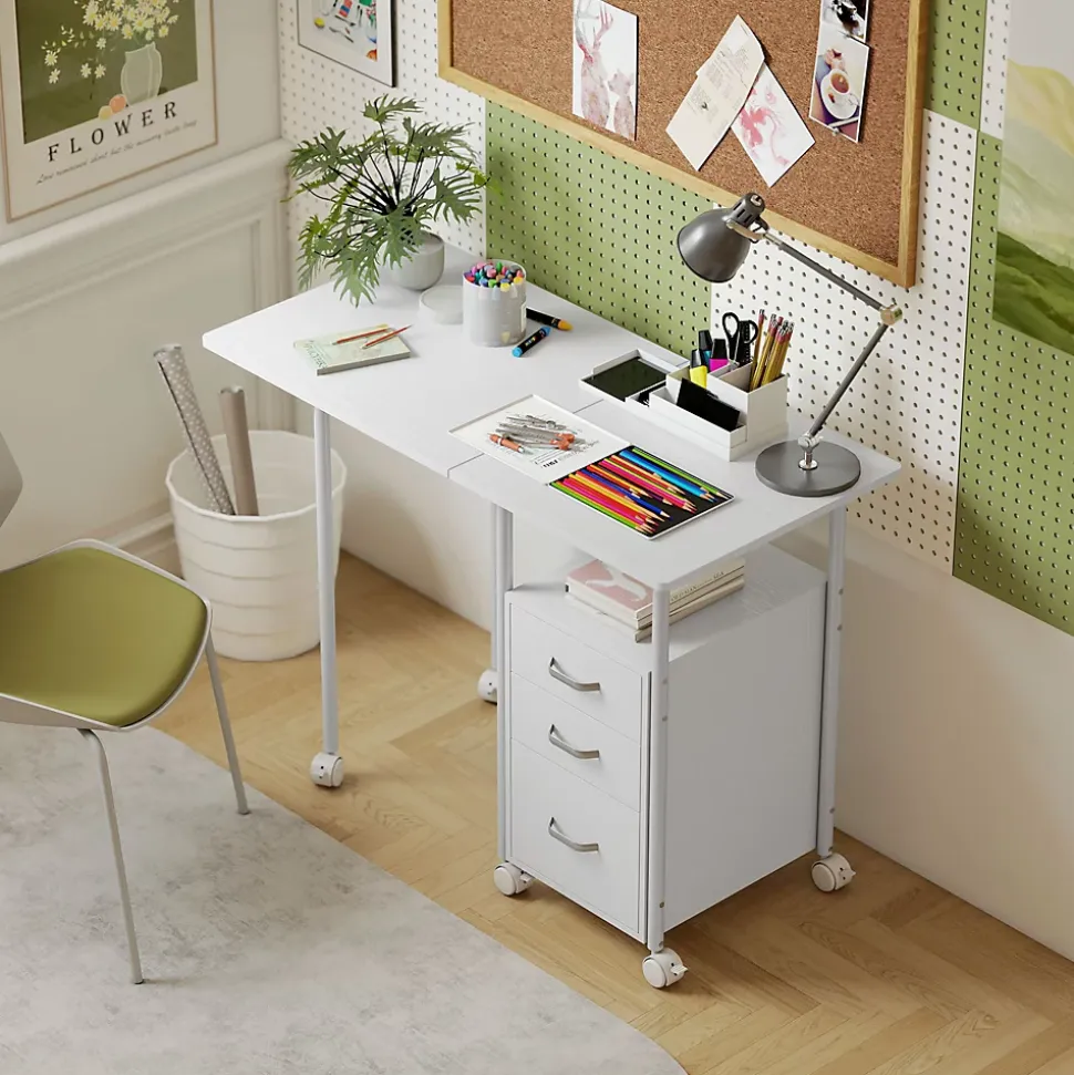 Bureau pliable sur roulettes avec rangement 3 tiroirs dim. totales 105x51x75,5cm métal effet bois blanc