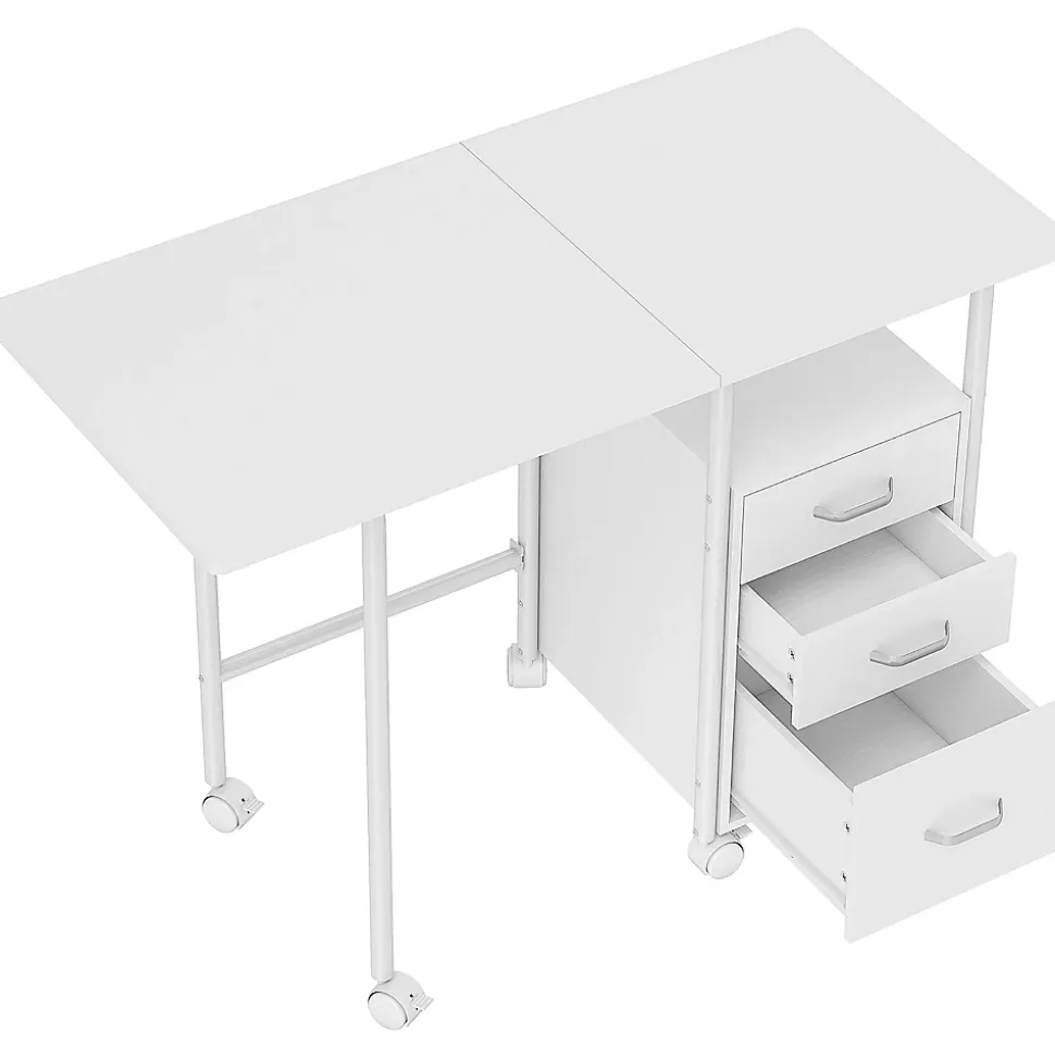 Bureau pliable sur roulettes avec rangement 3 tiroirs dim. totales 105x51x75,5cm métal effet bois blanc
