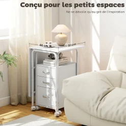 Bureau pliable sur roulettes avec rangement 3 tiroirs dim. totales 105x51x75,5cm métal effet bois blanc