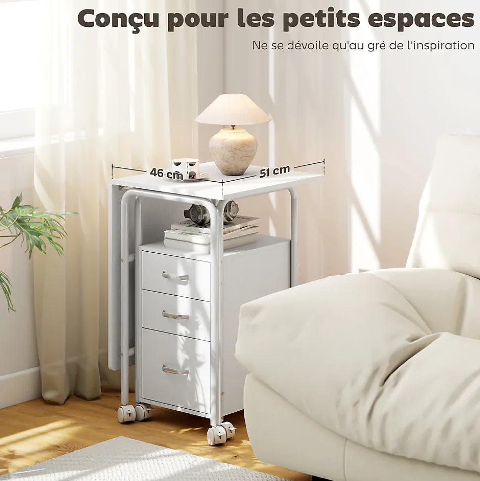 Bureau pliable sur roulettes avec rangement 3 tiroirs dim. totales 105x51x75,5cm métal effet bois blanc