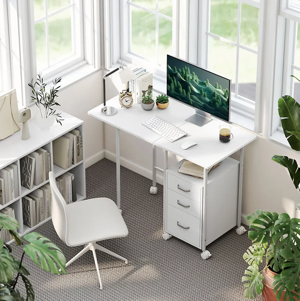 Bureau pliable sur roulettes avec rangement 3 tiroirs dim. totales 105x51x75,5cm métal effet bois blanc