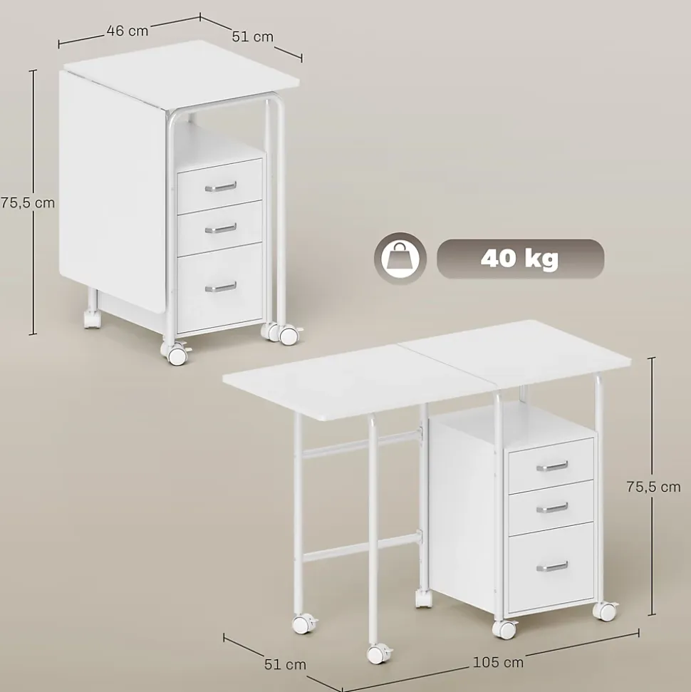 Bureau pliable sur roulettes avec rangement 3 tiroirs dim. totales 105x51x75,5cm métal effet bois blanc