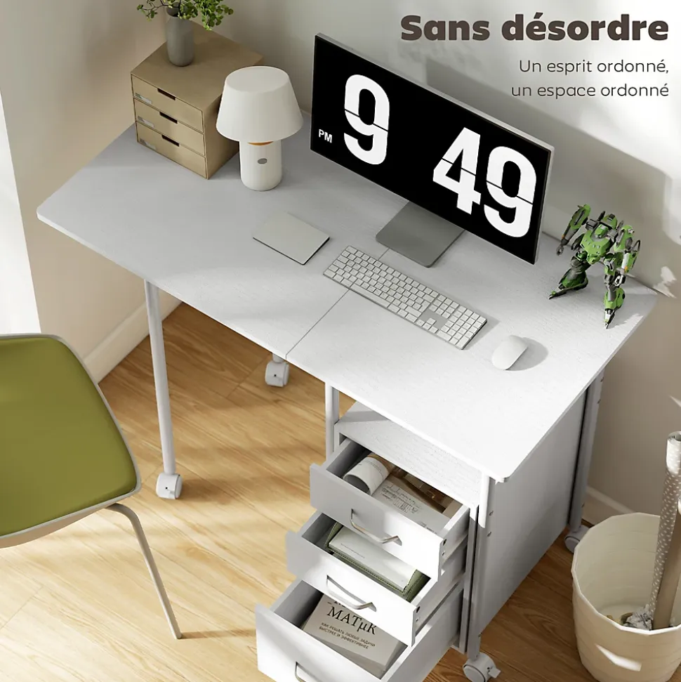 Bureau pliable sur roulettes avec rangement 3 tiroirs dim. totales 105x51x75,5cm métal effet bois blanc