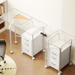 Bureau pliable sur roulettes avec rangement 3 tiroirs dim. totales 105x51x75,5cm métal effet bois blanc