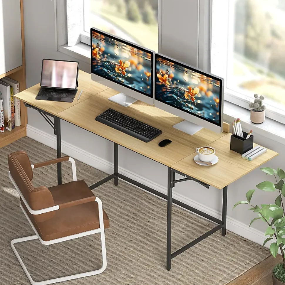 Bureau Pliant - Bureau à deux Niveaux pour Ordinateur avec Structure Métal, design Industriel, Chêne, 170x58x78 cm