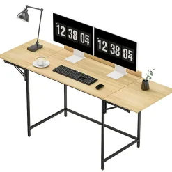 Bureau Pliant - Bureau à deux Niveaux pour Ordinateur avec Structure Métal, design Industriel, Chêne, 170x58x78 cm