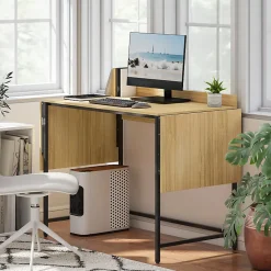 Bureau Pliant - Bureau à deux Niveaux pour Ordinateur avec Structure Métal, design Industriel, Chêne, 170x58x78 cm