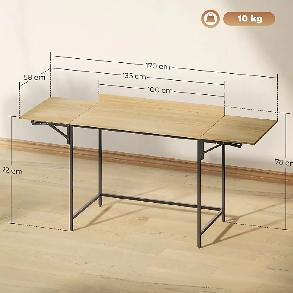 Bureau Pliant - Bureau à deux Niveaux pour Ordinateur avec Structure Métal, design Industriel, Chêne, 170x58x78 cm