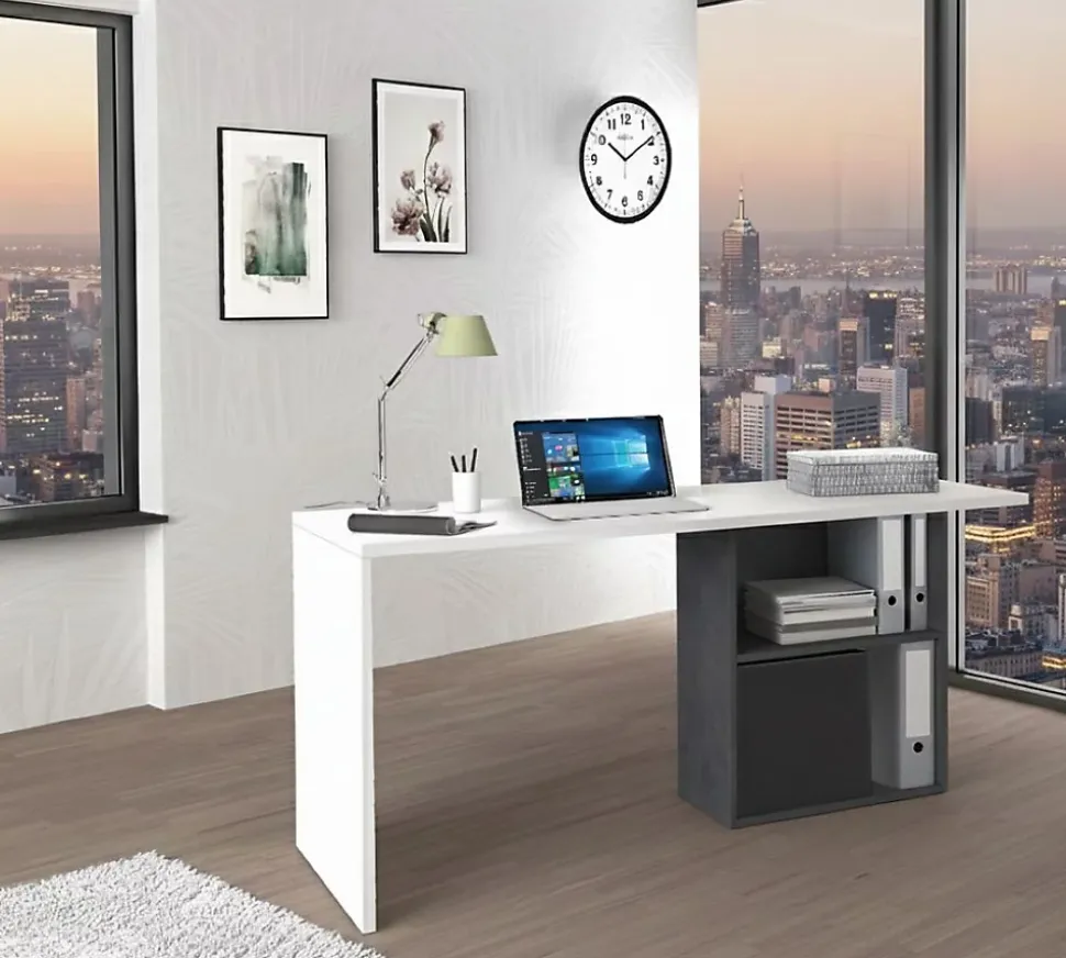 Bureau Raimondo, Bureau PC Linéaire, Table de bureau polyvalente, Bureau peu encombrant, 110x50h75 cm, Blanc brillant et ardoise