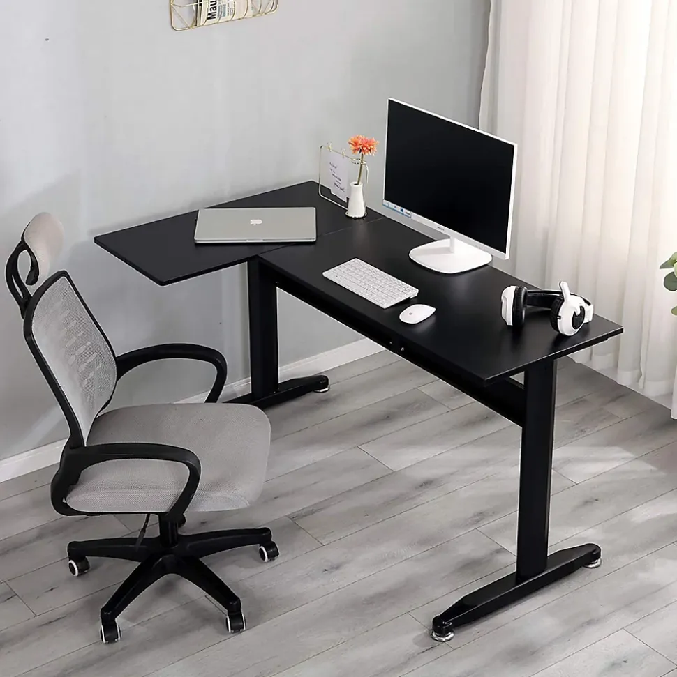 Bureau Rute, Bureau d'angle, Bureau polyvalent, Bureau fixe peu encombrant, 80x140h75 cm, Noir