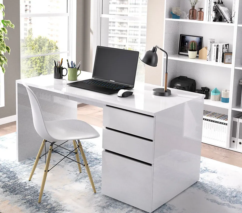 Bureau Réversible coloris blanc brillant - Longueur 139 x Profondeur 60 x Hauteur 75 cm