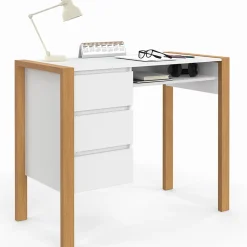 Bureau scandinave HUGO avec 3 tiroirs et niche blanc et bois