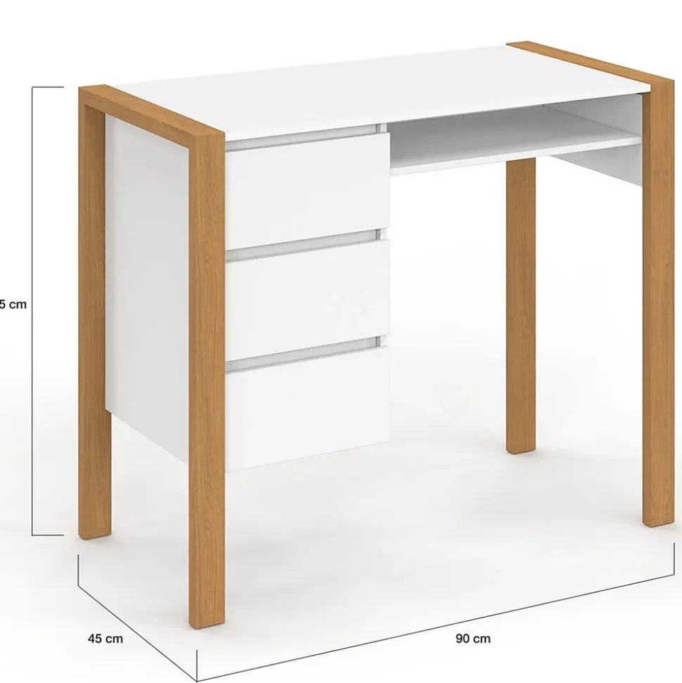 Bureau scandinave HUGO avec 3 tiroirs et niche blanc et bois