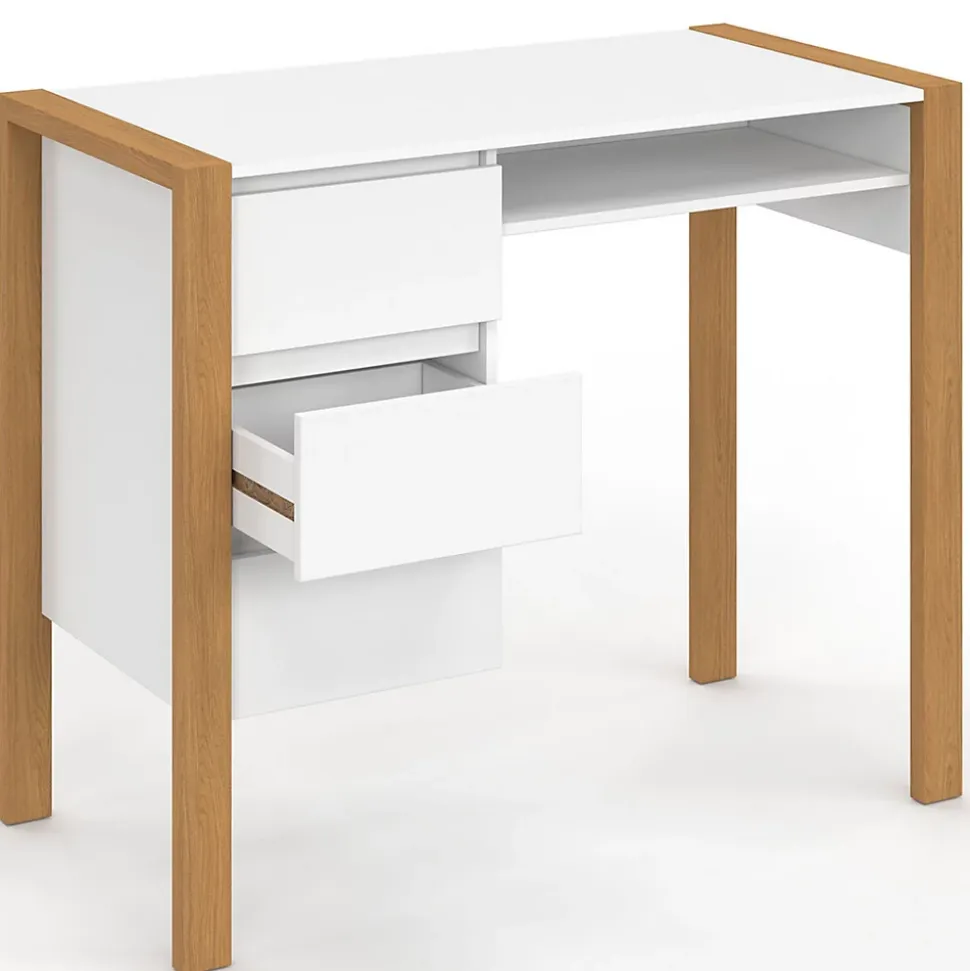 Bureau scandinave HUGO avec 3 tiroirs et niche blanc et bois