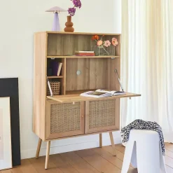 Bureau secrétaire décor bois et cannage 2 portes naturel - Boheme