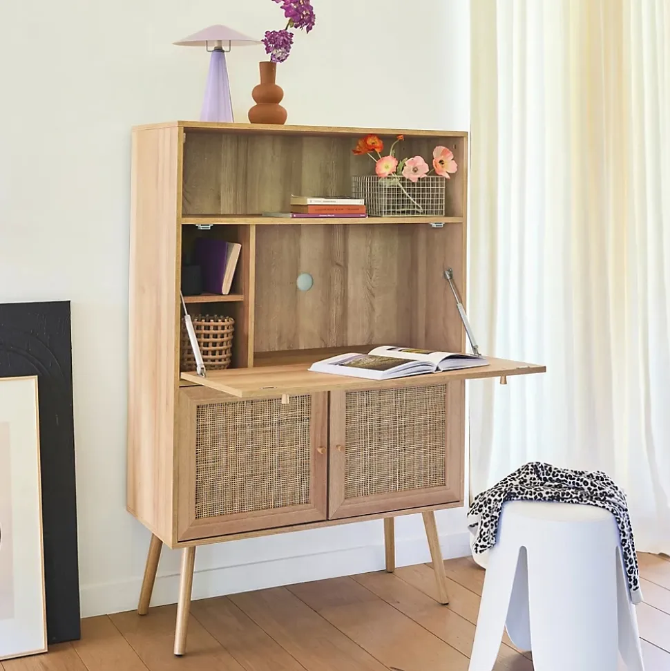 Bureau secrétaire décor bois et cannage 2 portes naturel - Boheme