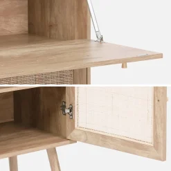 Bureau secrétaire décor bois et cannage 2 portes naturel - Boheme
