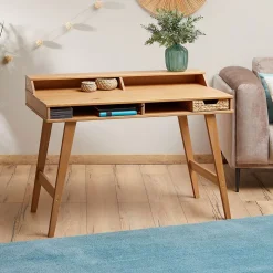 Bureau secrétaire LUNA avec niches 110 x 84 x 54 cm, En bois de pin massif, Rangement élégant et compact, Petit bureau, Brun