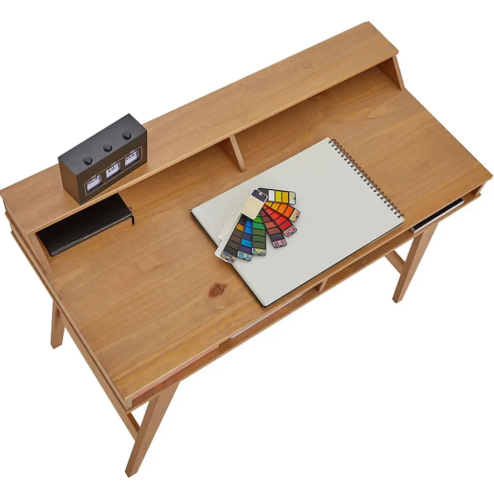 Bureau secrétaire LUNA avec niches 110 x 84 x 54 cm, En bois de pin massif, Rangement élégant et compact, Petit bureau, Brun