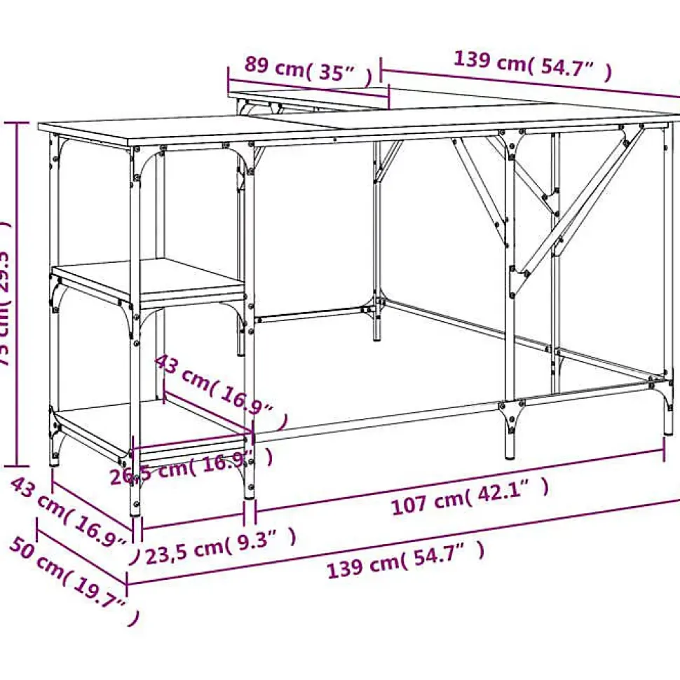 Bureau sonoma gris 139x139x75 cm bois d'ingénierie vidaXL