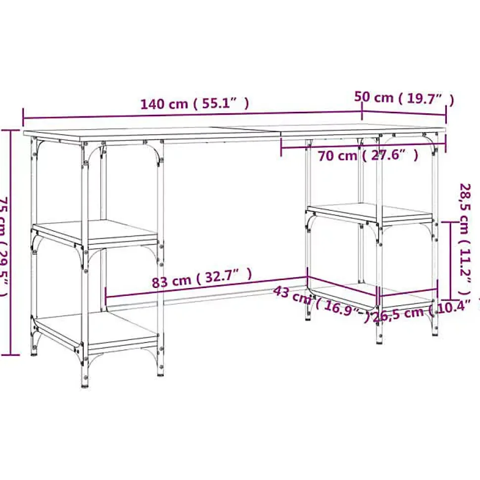 Bureau sonoma gris 140x50x75 cm métal et bois d'ingénierie vidaXL