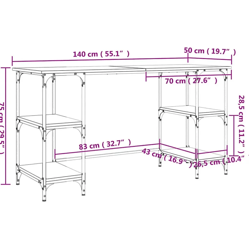Bureau sonoma gris 140x50x75 cm métal et bois d'ingénierie vidaXL