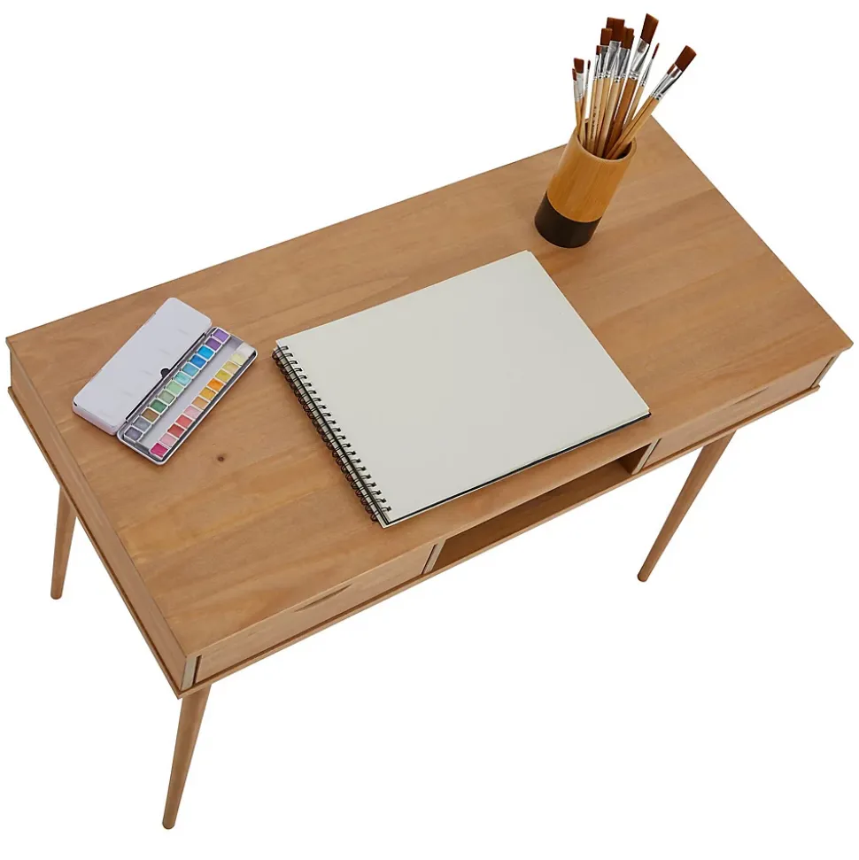 Bureau STEFANO en pin massif avec 2 tiroirs et 1 niche lasuré brun