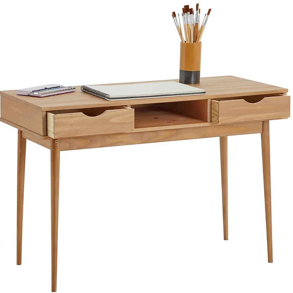 Bureau STEFANO en pin massif avec 2 tiroirs et 1 niche lasuré brun