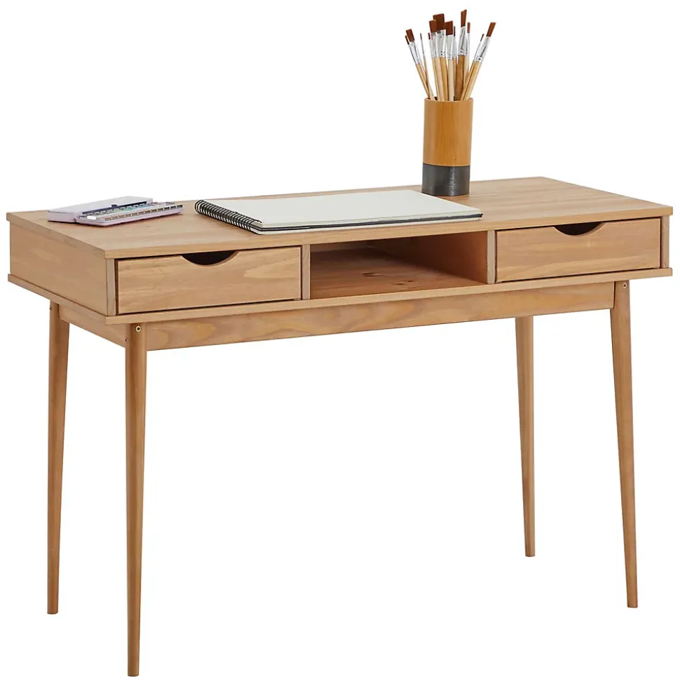 Bureau STEFANO en pin massif avec 2 tiroirs et 1 niche lasuré brun