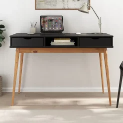 Bureau STEFANO en pin massif avec 2 tiroirs et 1 niche - Coloris noir et chêne
