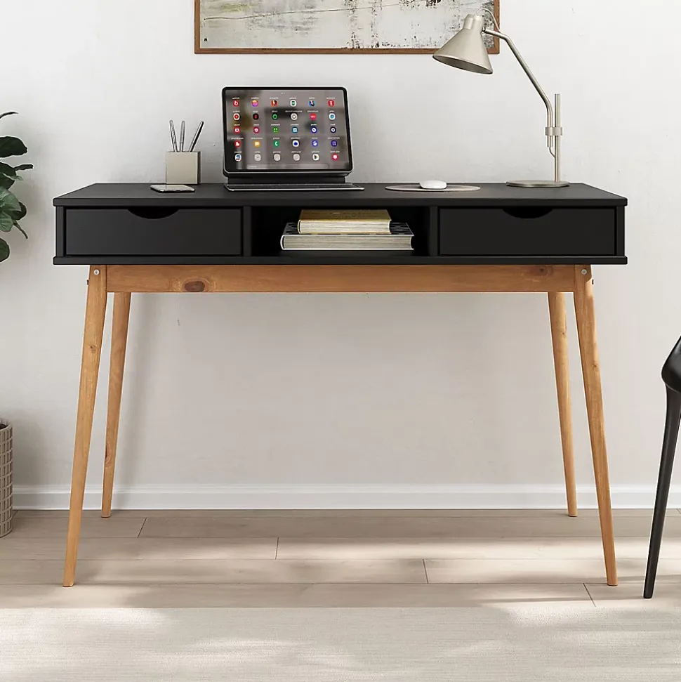 Bureau STEFANO en pin massif avec 2 tiroirs et 1 niche - Coloris noir et chêne