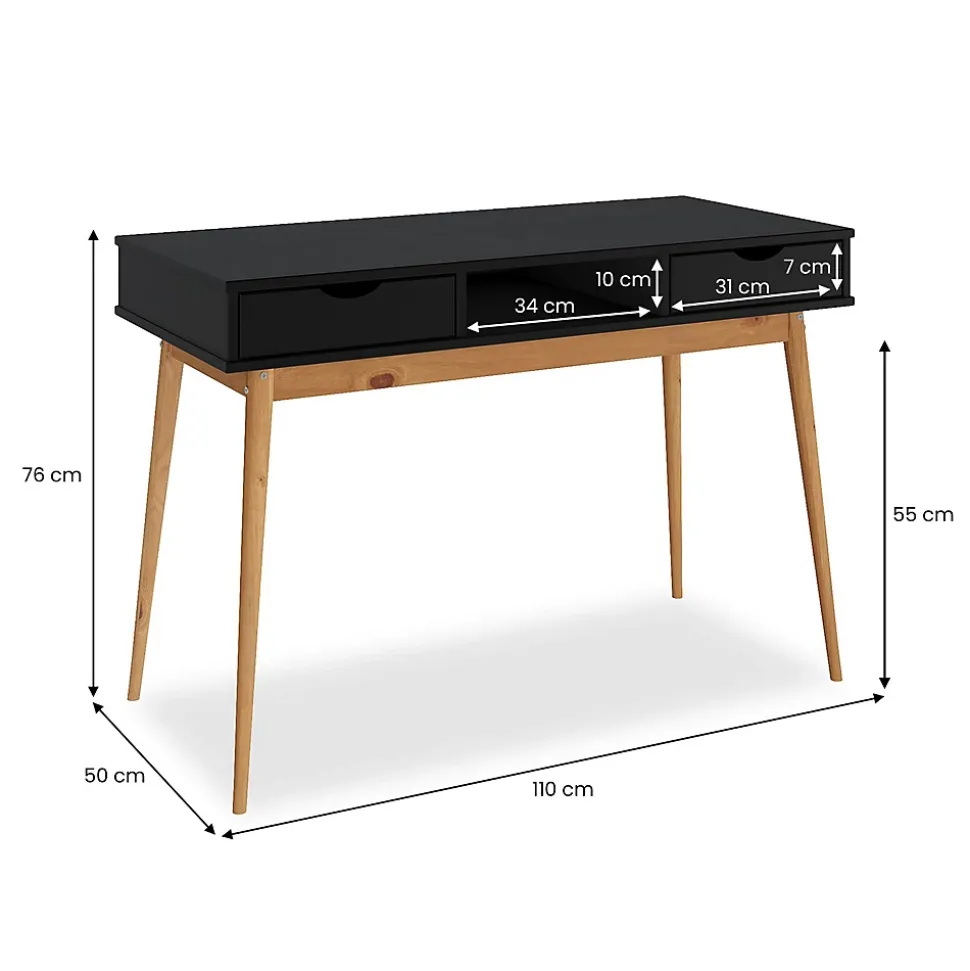 Bureau STEFANO en pin massif avec 2 tiroirs et 1 niche - Coloris noir et chêne