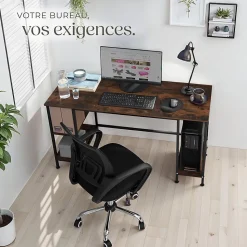 Bureau Style industriel 2 étagères latérales avec 2 compartiments de stockage